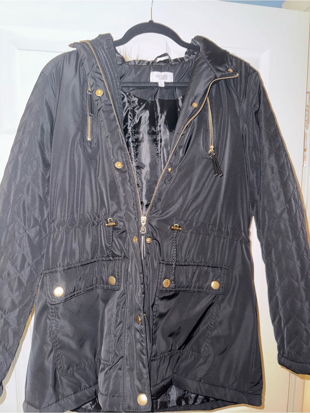 Charlotte Russe Black Quilted Utility Anorak with Gold Hardware
